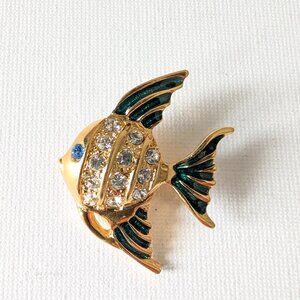 Vintage Fish Brooch – Gold & Blue Tones with Rhinestones